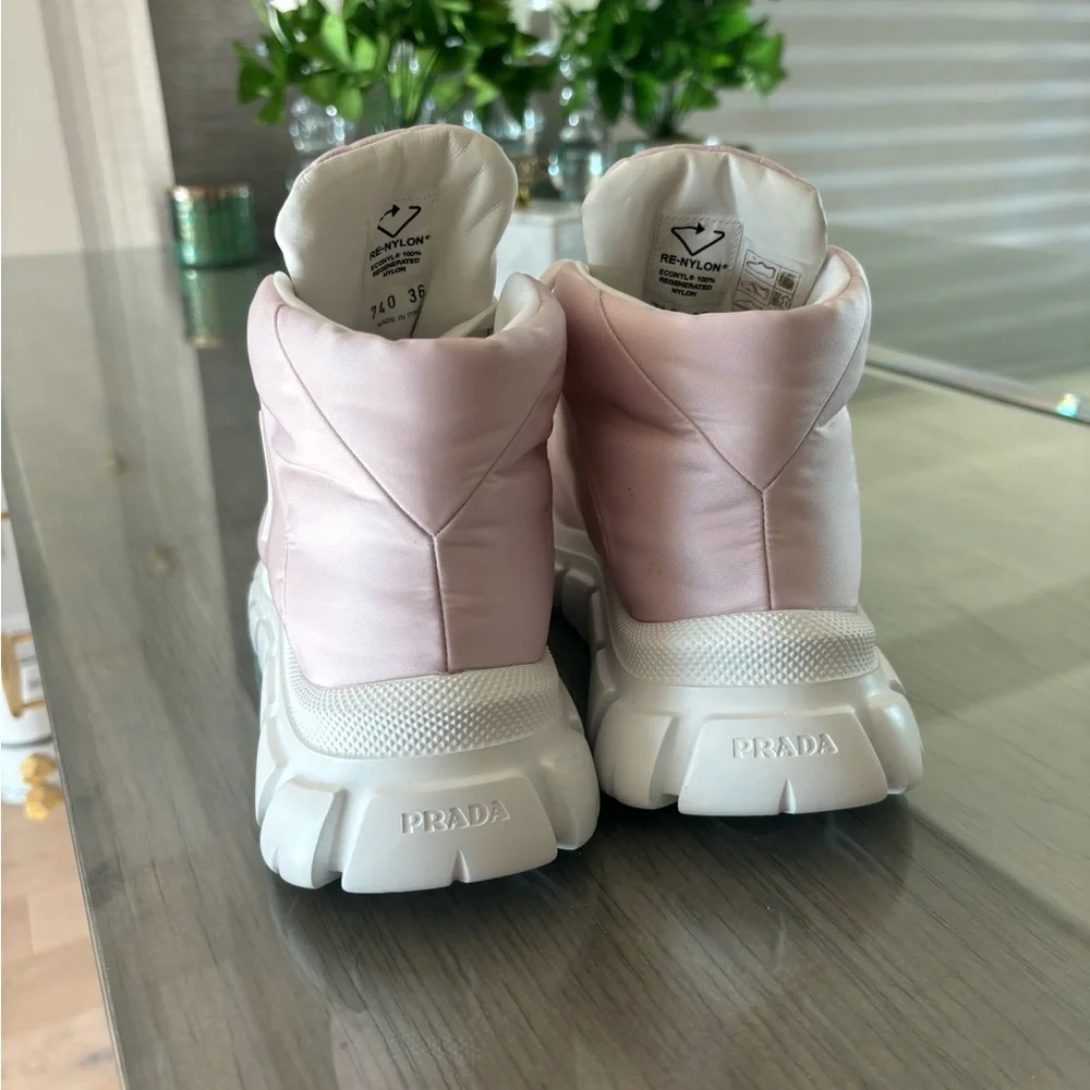 Prada Rush Piuma Nylon Platform High Top Sneakers – Pink/White – Size 36 (US 6)